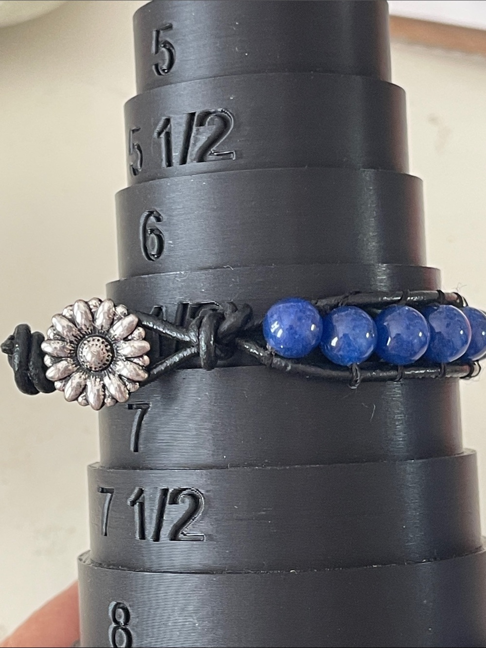 Blue dyed agate on black coated cord bracelet - 6.5 - 7
